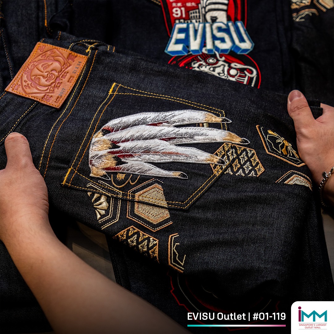 Close-up of EVISU denim showcasing Japanese craftsmanship