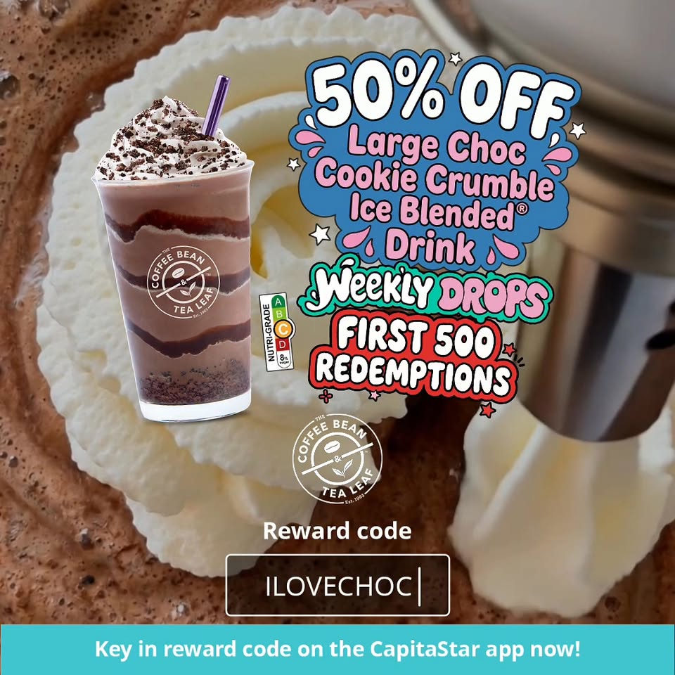 The Coffee Bean & Tea Leaf 50% off Large Choc Cookie Crumble Ice Blended Drink promotion