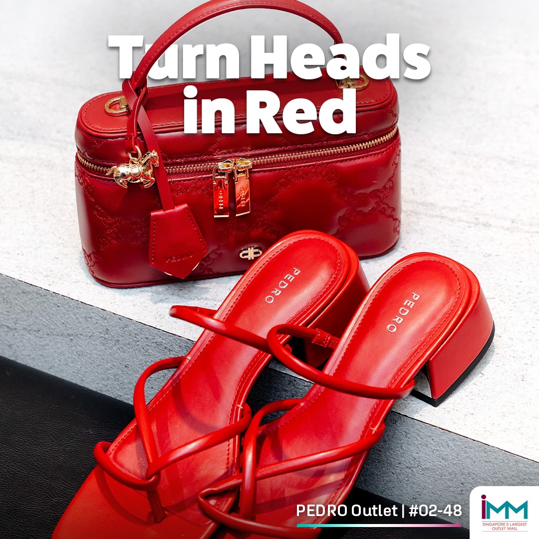 A collection of vibrant red heels and luxury handbags from the PEDRO Outlet collection.