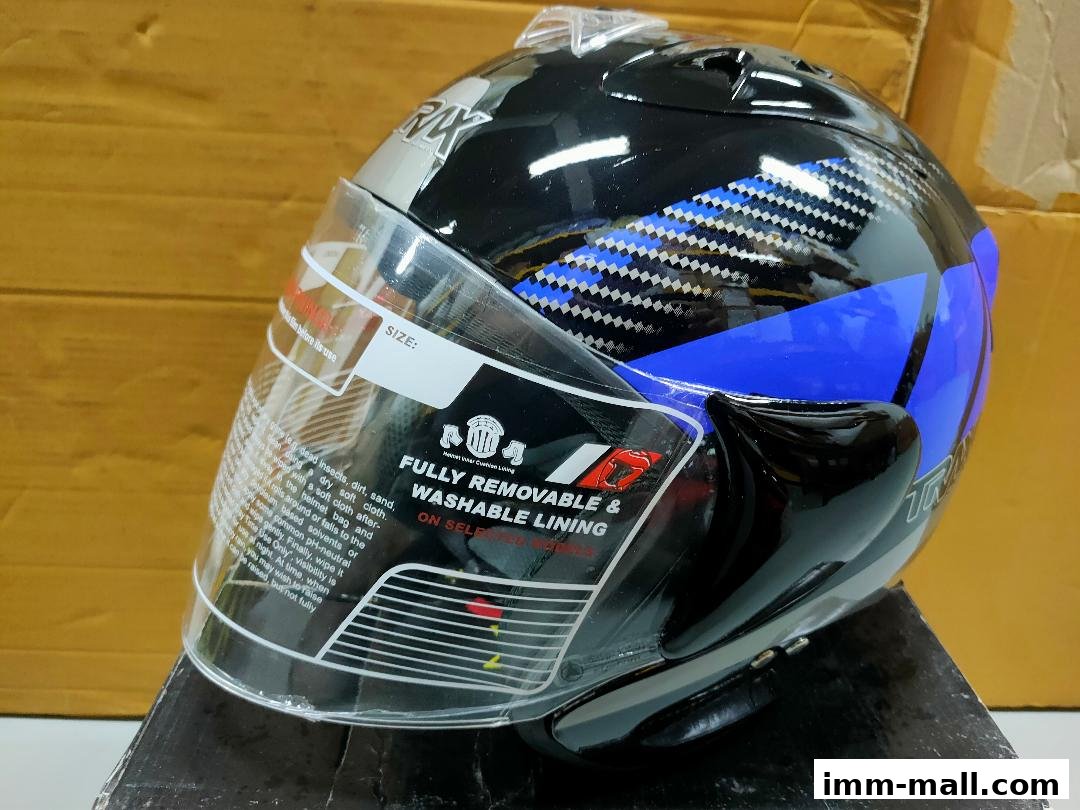 A black and blue motorcycle helmet with a clear visor and detailed graphics.