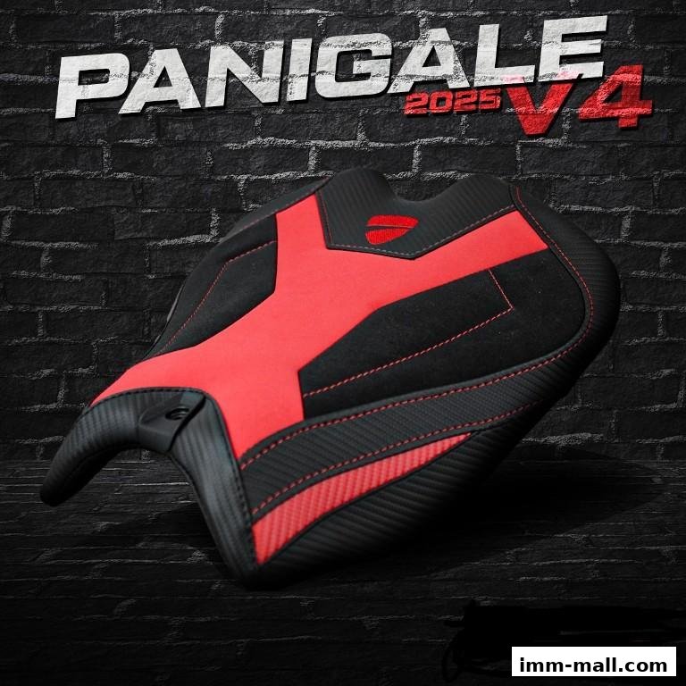 A red and black motorcycle seat with 'PANIGALE 2025 V4' text.