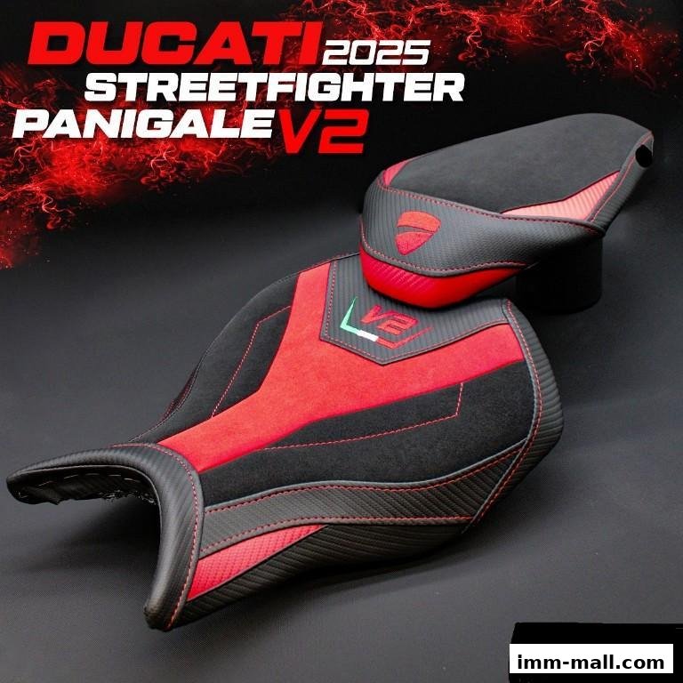 Ducati 2025 Streetfighter Panigale V2 seats in red and black with carbon fiber accents.