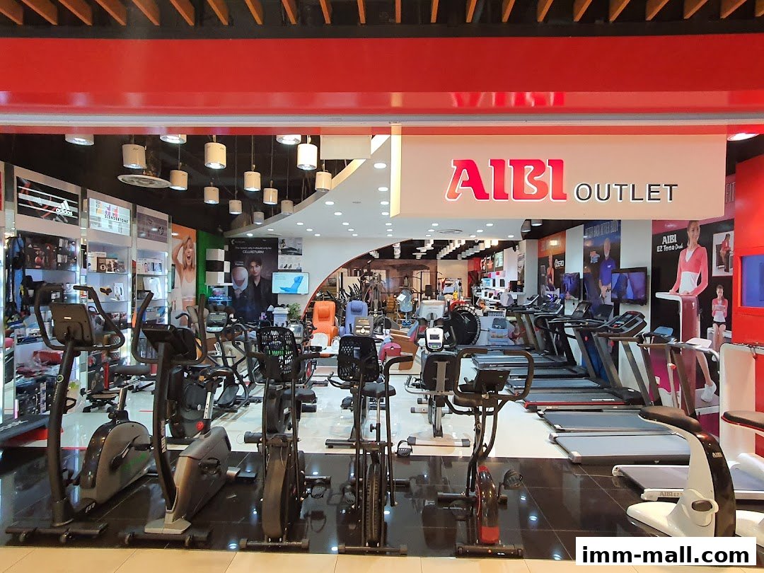 Interior view of an AIBI Outlet store showcasing various fitness equipment like treadmills and exercise bikes.