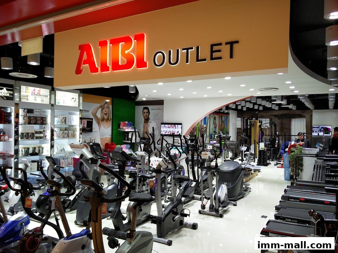 Interior of an AIBI Outlet store showcasing a wide range of fitness equipment.