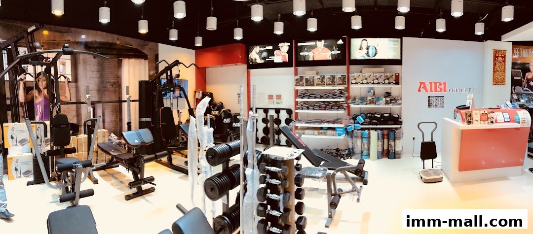 Interior view of AIBI Outlet showcasing a wide range of fitness equipment and accessories.