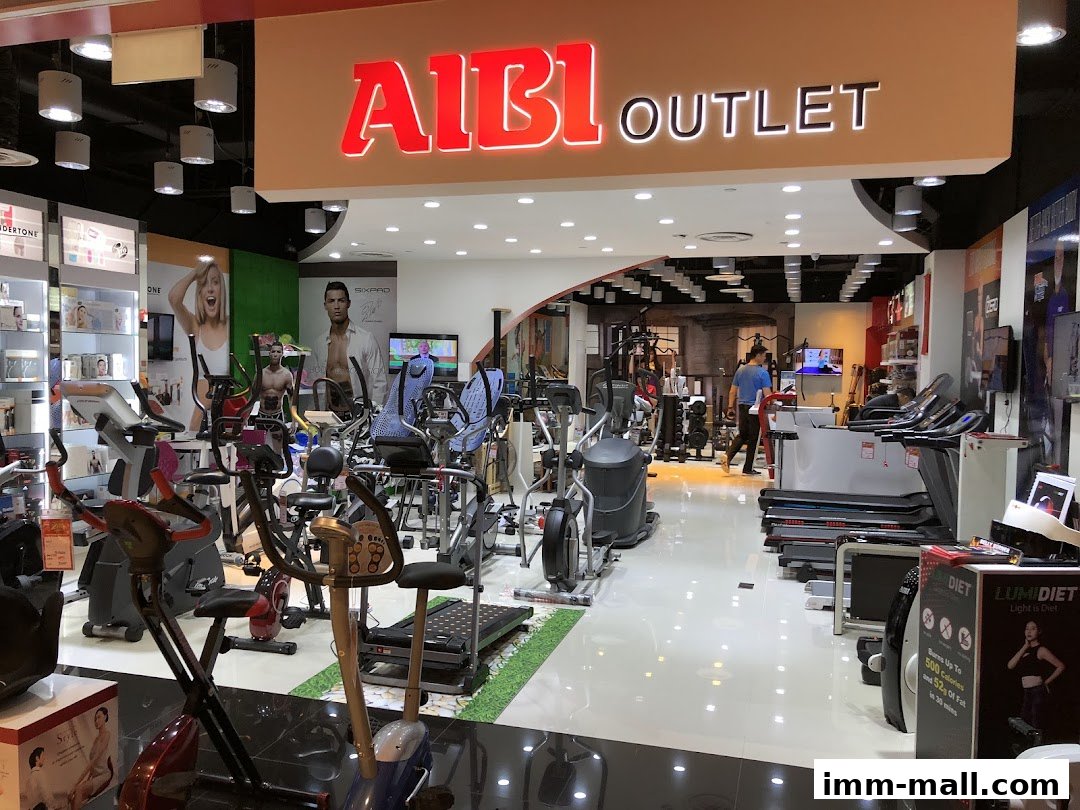 Interior of an AIBI Outlet store showcasing various fitness equipment like treadmills and exercise bikes.