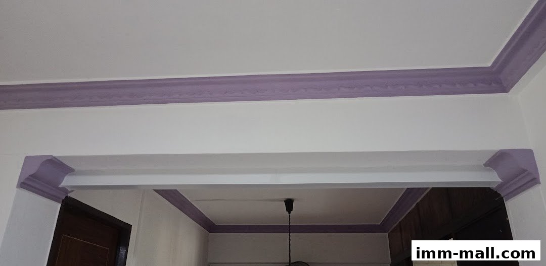 Interior view of a doorway with decorative purple trim on the walls and ceiling.