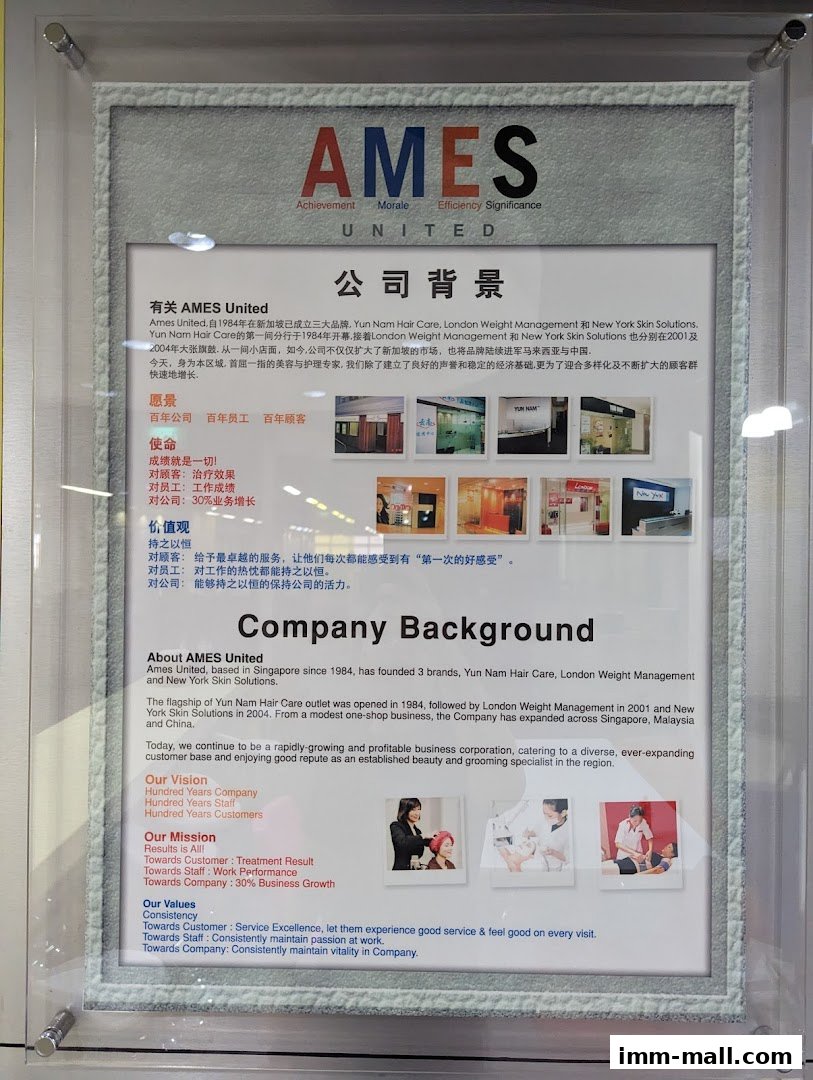 A framed company background display for Ames United, featuring text and images of their outlets.