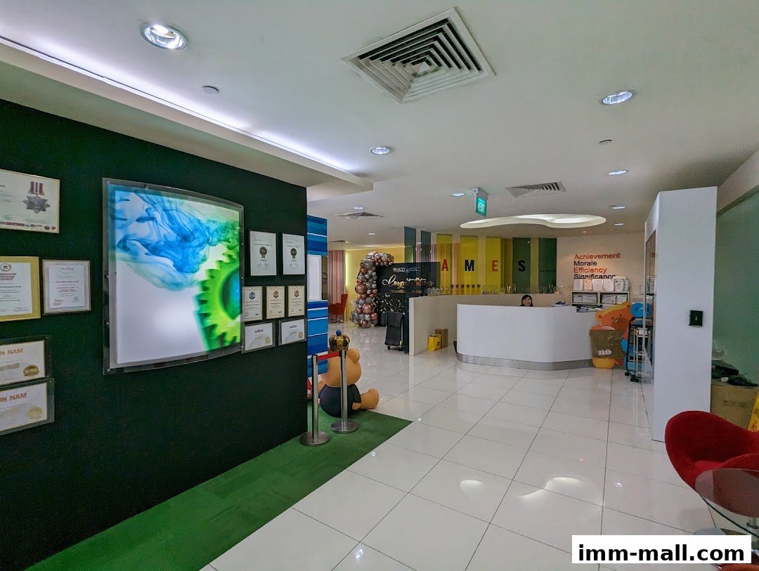 Interior view of Ames United Pte. Ltd. with a reception desk and decorative elements.