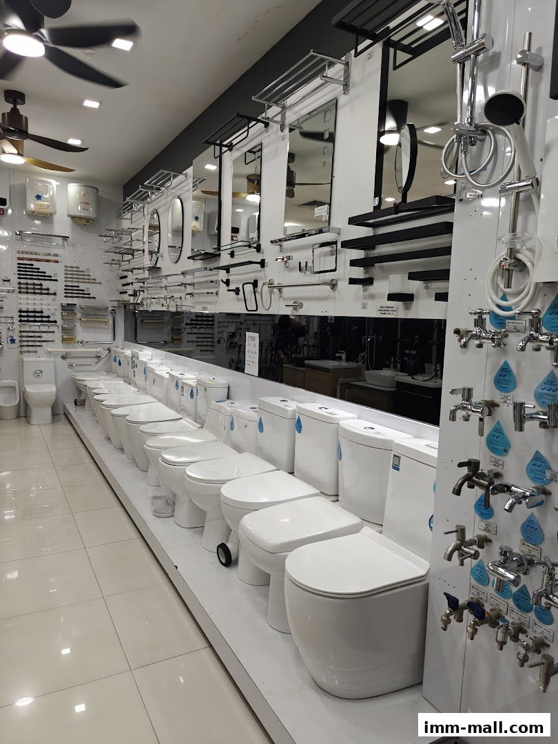 A wide selection of modern toilets and bathroom fixtures displayed in a retail store.