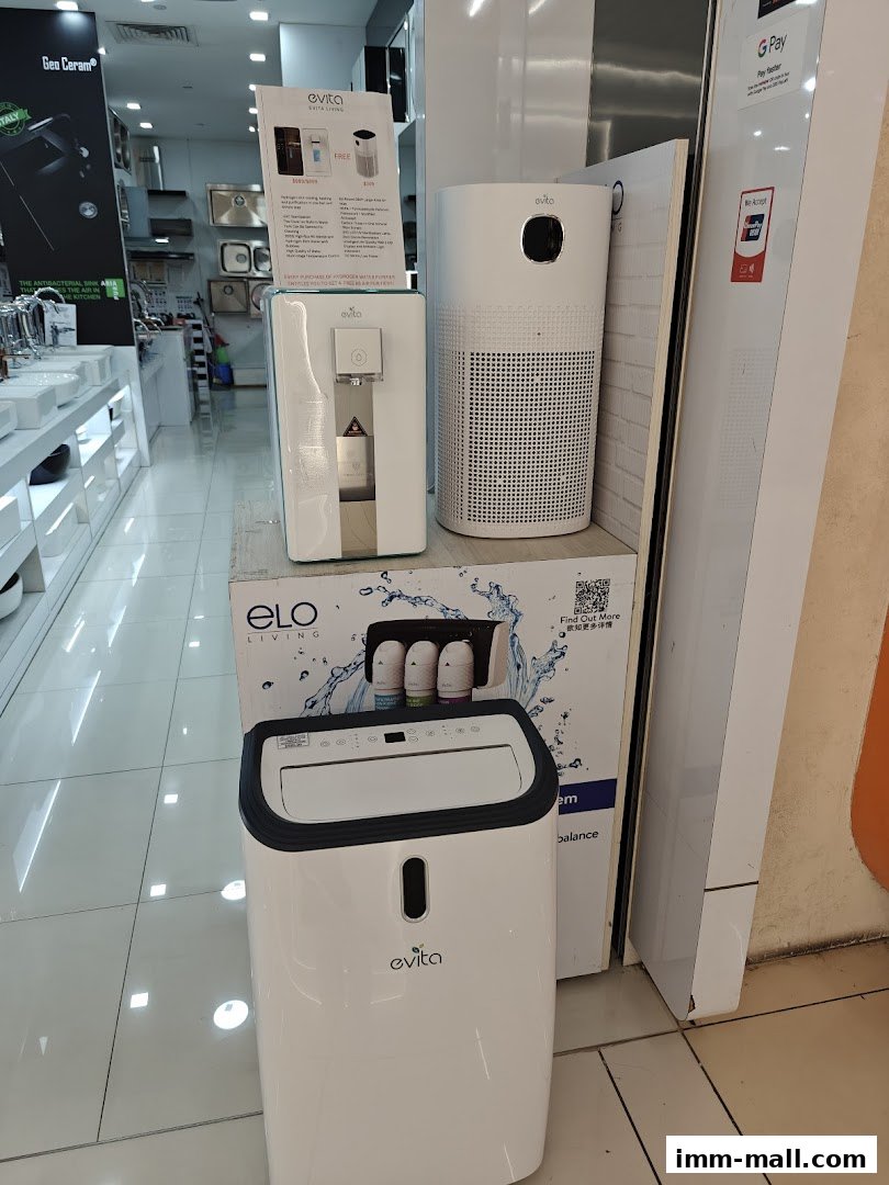 Display of Evita brand home appliances including a water purifier, air purifier, and dehumidifier.