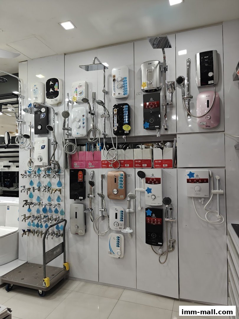 A wall display showcasing various shower heads and water heaters in a retail store.