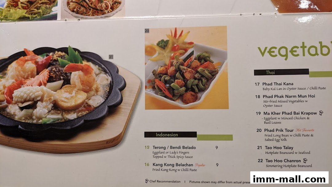 A menu featuring Thai and Indonesian dishes with enticing food photography.