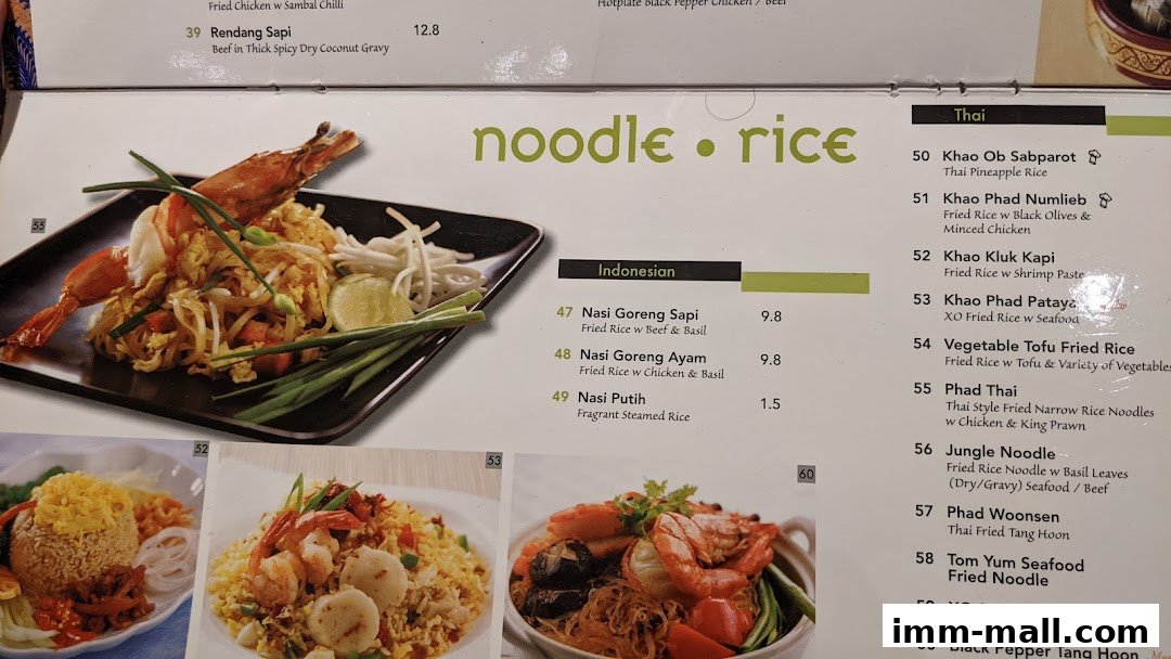 A menu featuring Thai and Indonesian noodle and rice dishes with enticing food photography.