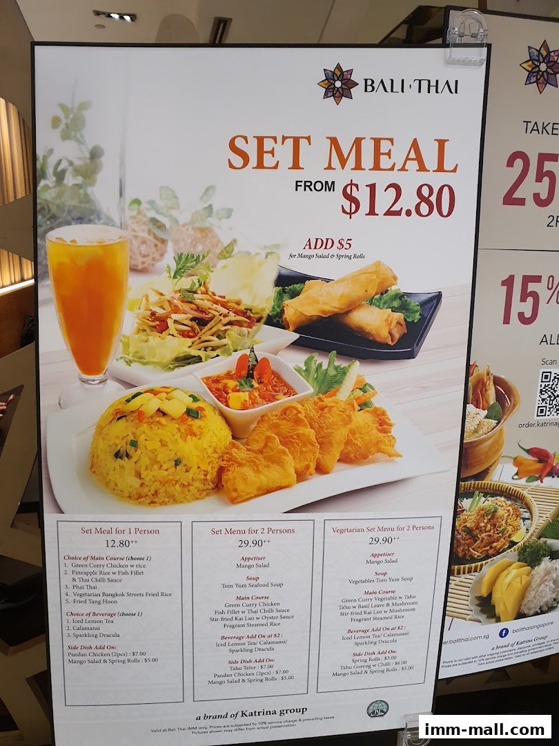 A menu board for Bali Thai featuring set meals for individuals and pairs.