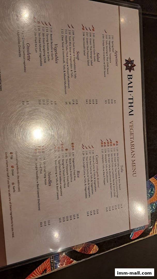 A vegetarian menu from Bali Thai restaurant with various dishes and prices.