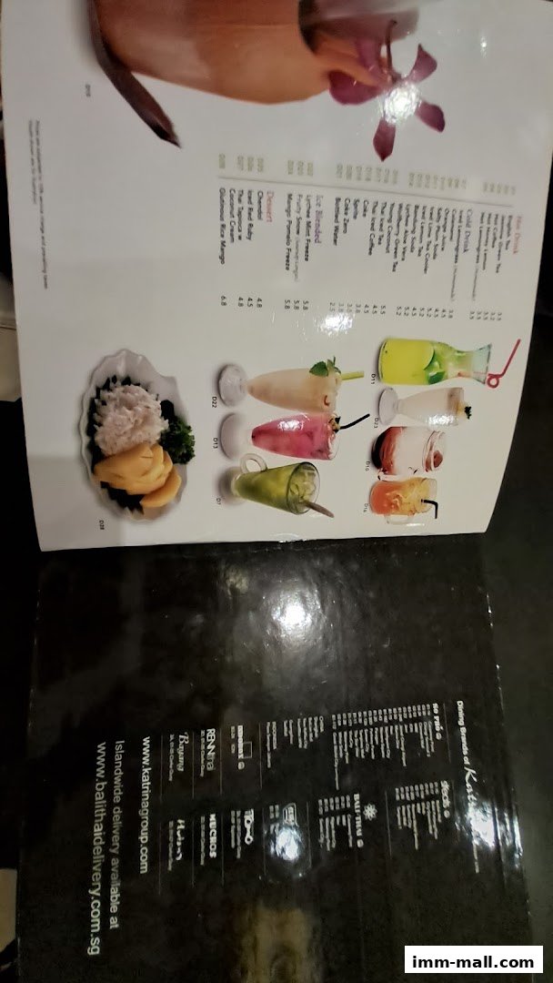 A menu from Bali Thai IMM featuring drinks and desserts with vibrant images.