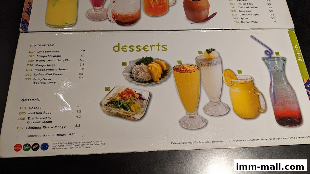 A menu from Bali Thai IMM featuring ice blended drinks and desserts with prices.