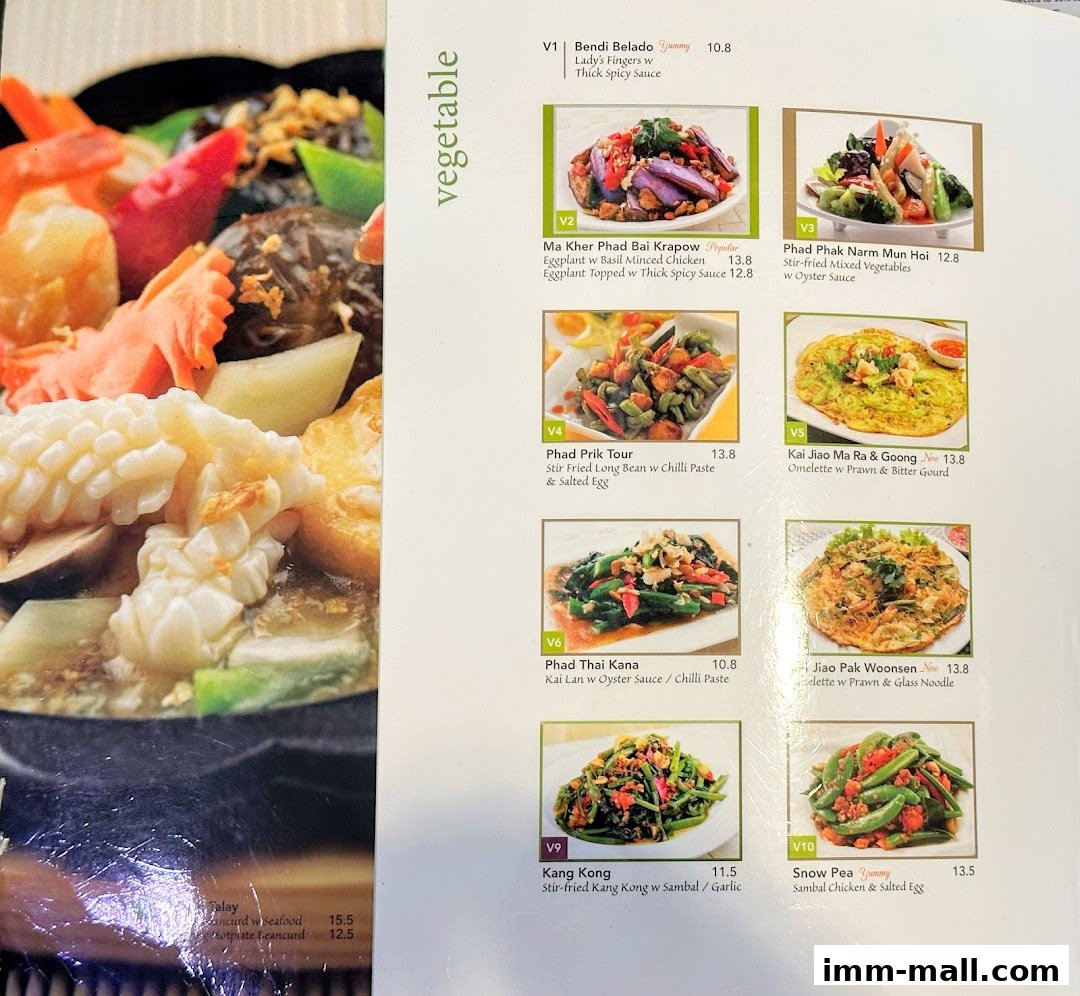 A menu page featuring Thai vegetable dishes with accompanying images and prices.