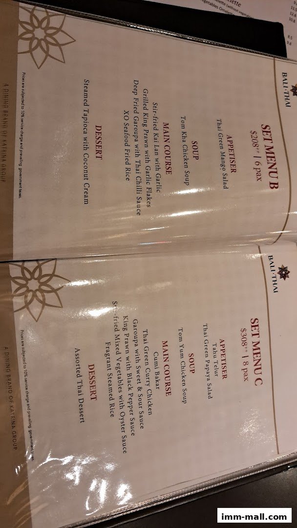 A menu from Bali Thai featuring Set Menu B and Set Menu C with various Thai dishes.