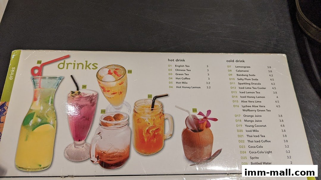 A menu featuring a variety of hot and cold drinks with colorful illustrations.