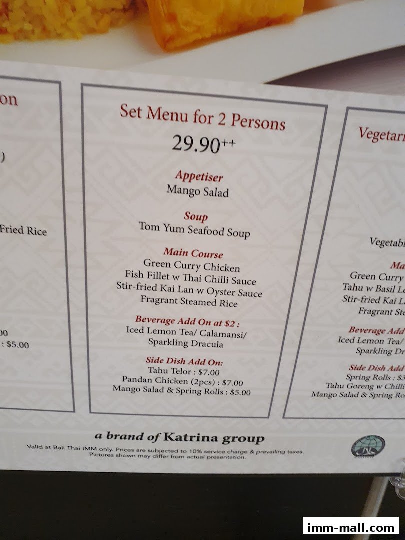 A menu for Bali Thai IMM featuring a set menu for two and side dish add-ons.
