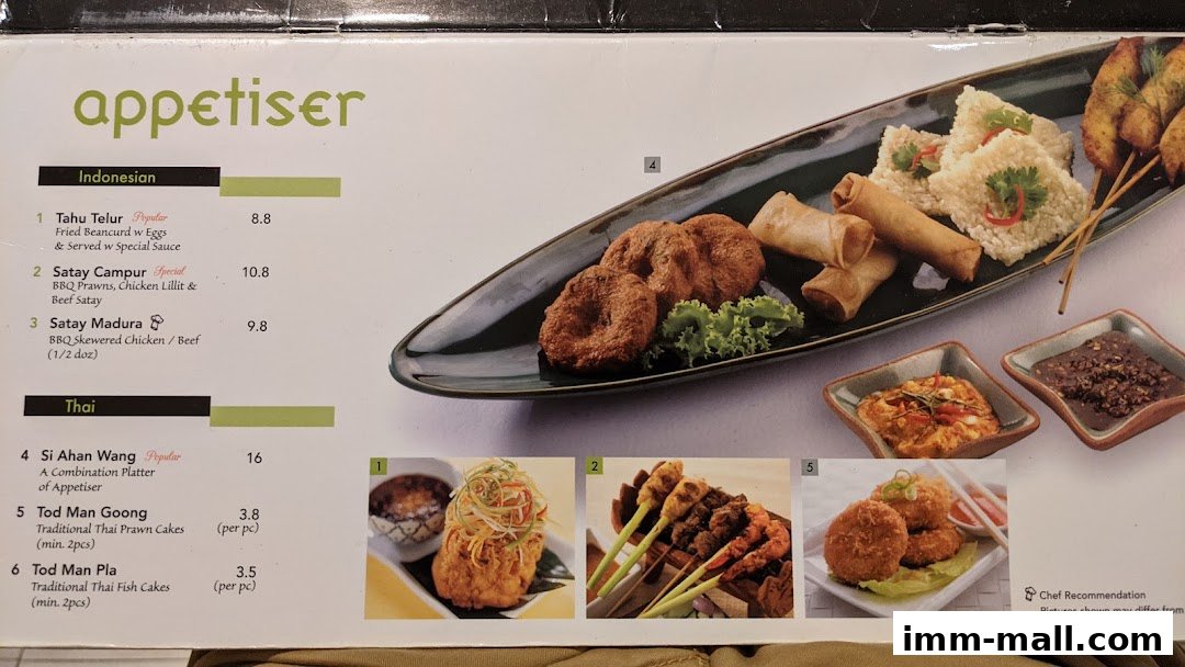 A menu showcasing Indonesian and Thai appetizers with enticing descriptions and prices.