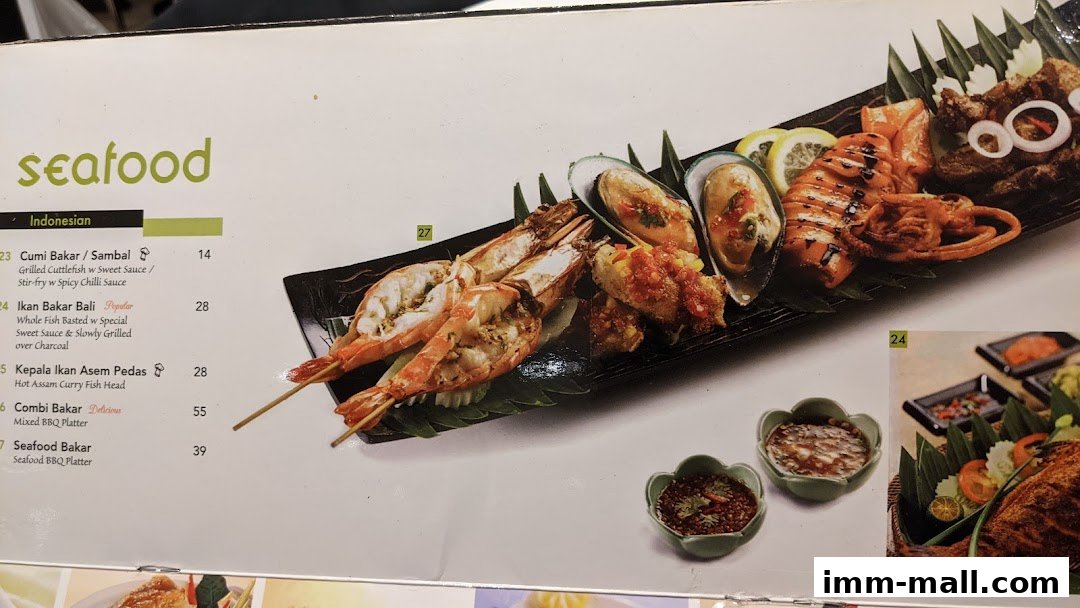 A menu page showcasing various Indonesian seafood dishes with enticing descriptions and prices.