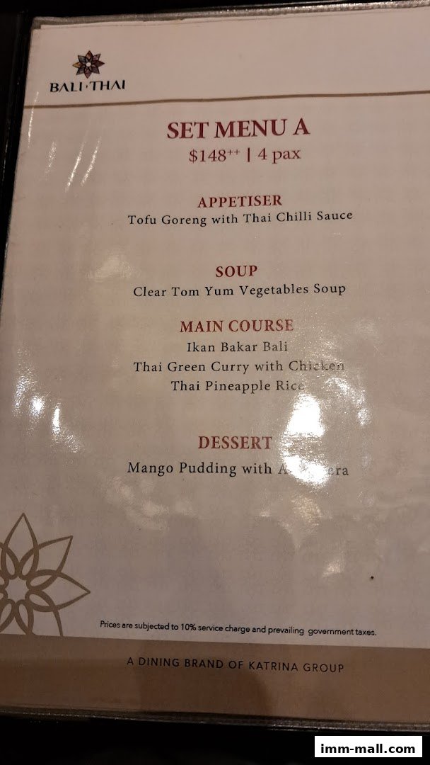 A menu from Bali Thai featuring Set Menu A for 4 people.