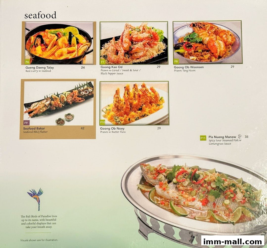 A menu page showcasing various seafood dishes with enticing images and descriptions.