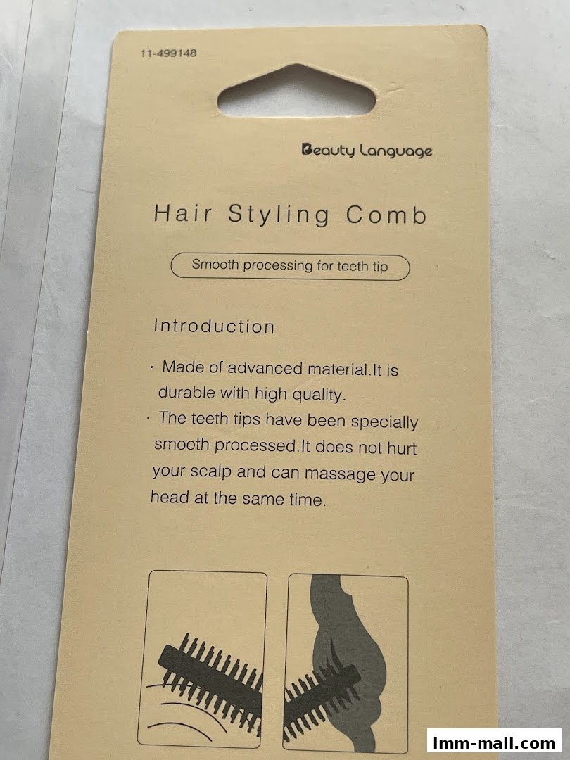Packaging for a Beauty Language hair styling comb with product introduction.