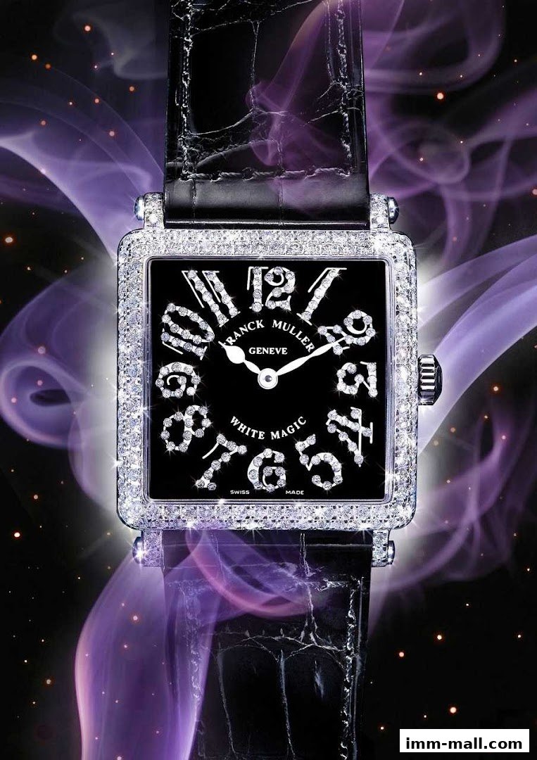 A luxurious Franck Muller watch with a black dial, diamond-encrusted case, and black leather strap.
