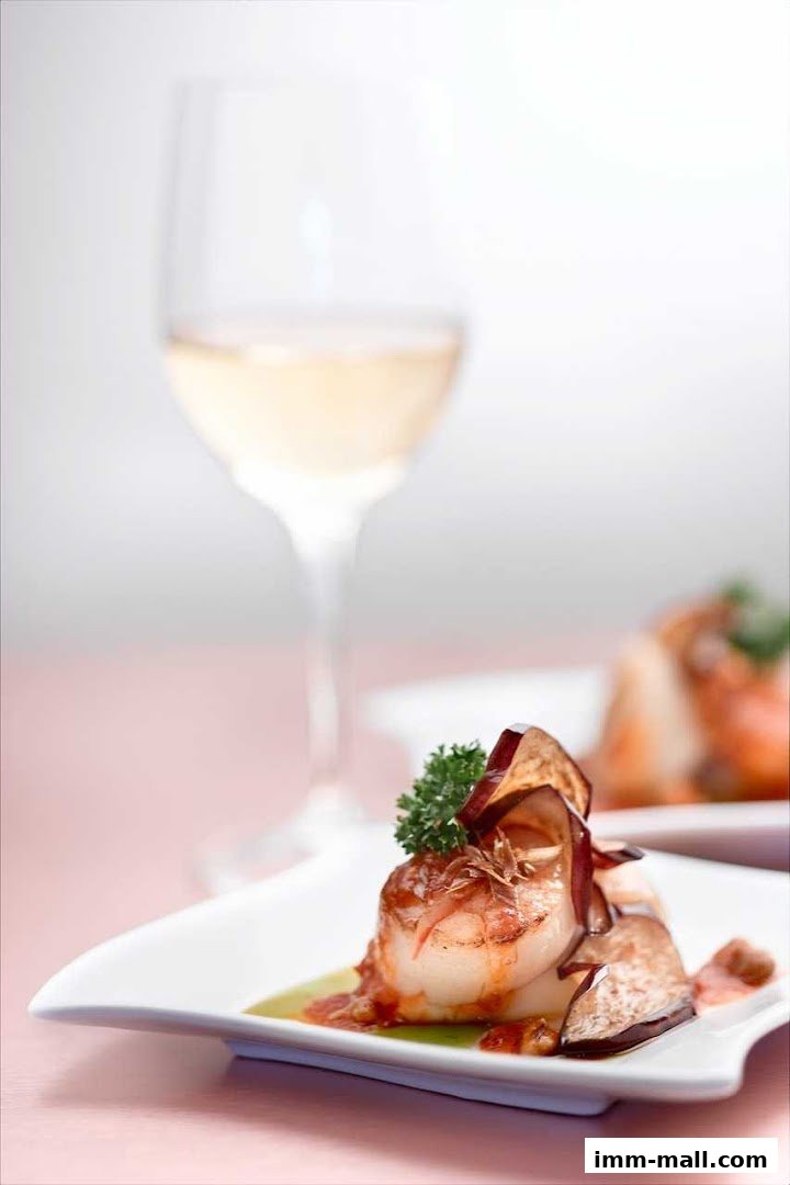 A beautifully plated scallop dish with a glass of white wine in the background.