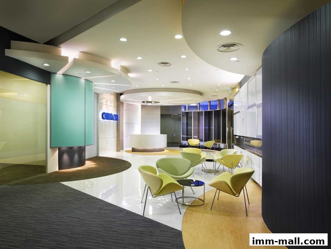 Modern reception area with stylish seating and a prominent company logo.