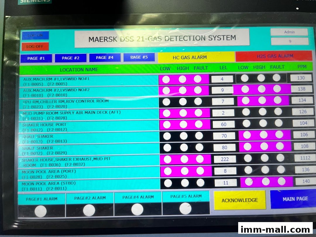 A digital display shows a gas detection system with various locations and alarm status.