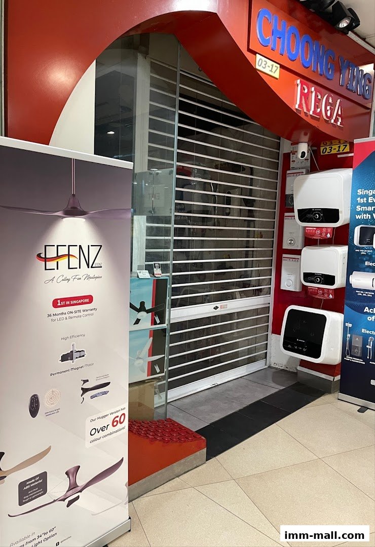 The storefront of Choong Ying Rega, displaying water heaters and ceiling fans.