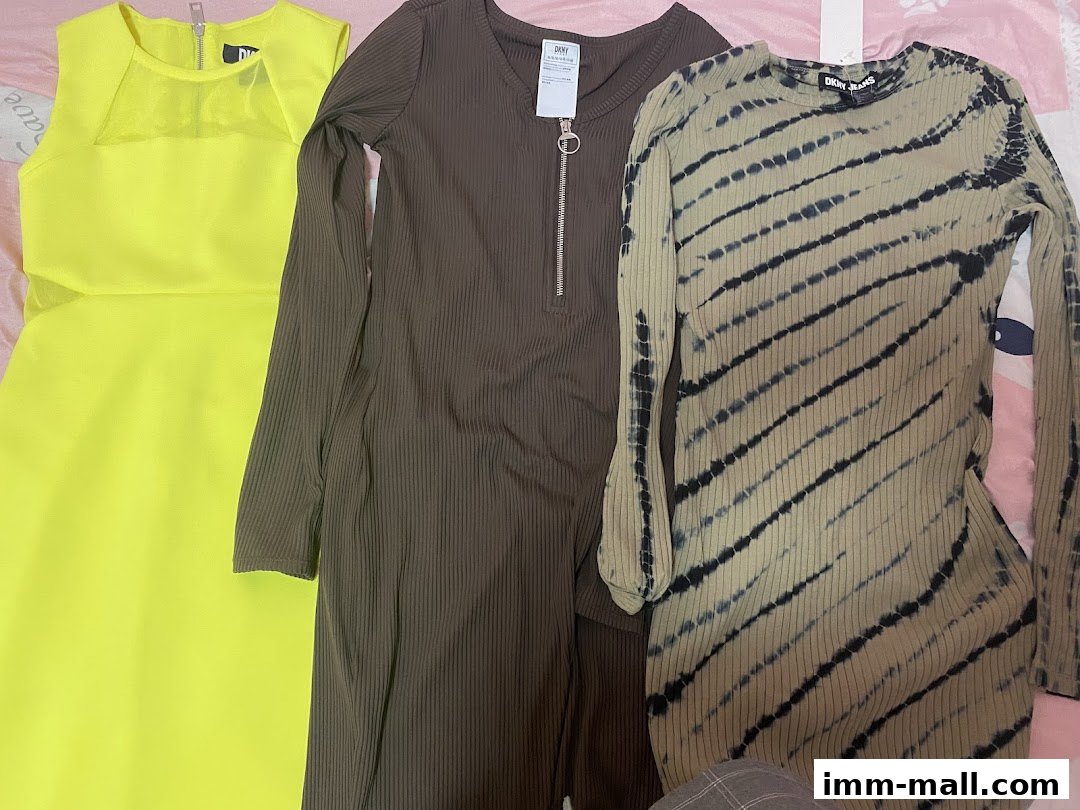 Three stylish dresses from Club 21: a neon yellow dress, a brown ribbed dress, and a tie-dye ribbed dress.