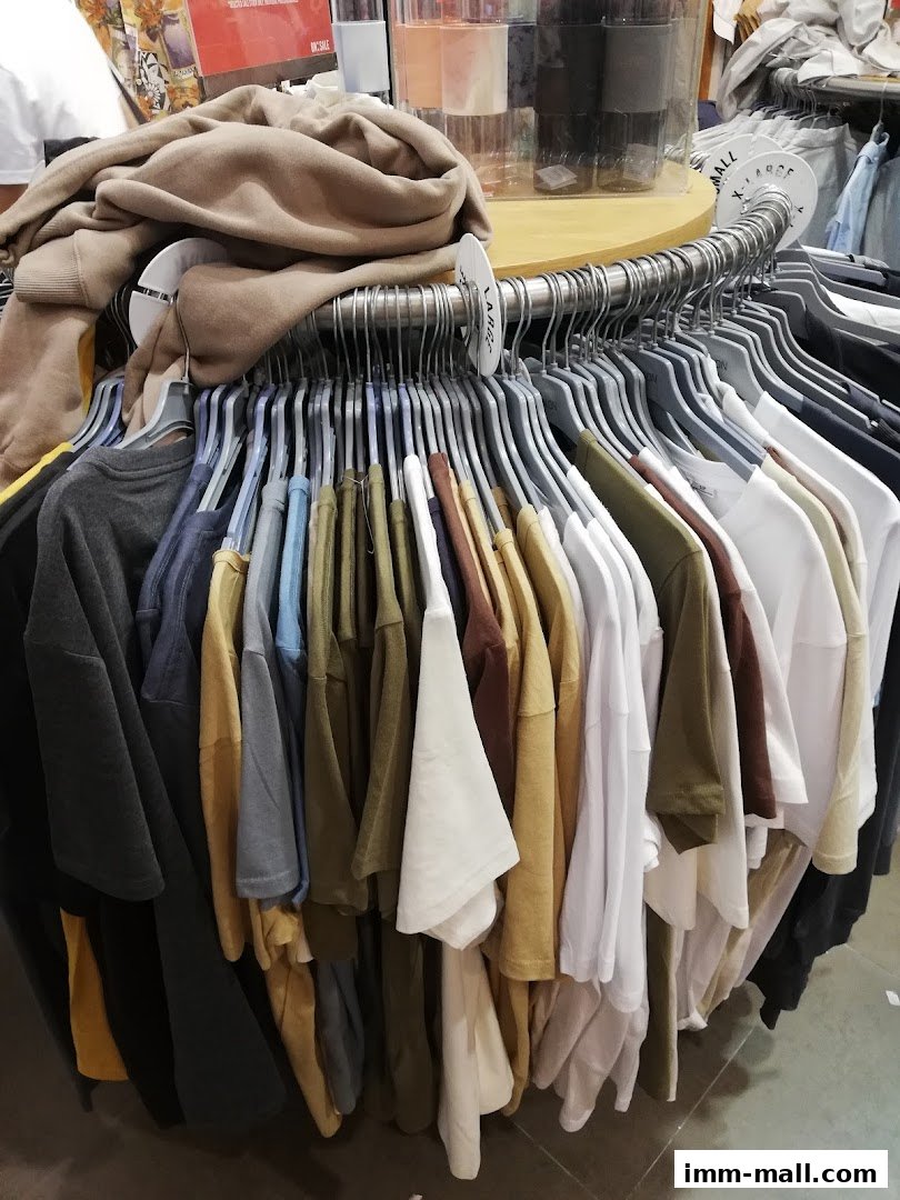 A rack of casual t-shirts in various neutral colors, neatly displayed on hangers.