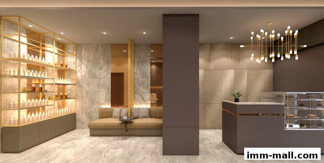Interior of a modern beauty shop with shelves of products, a seating area, and a reception desk.