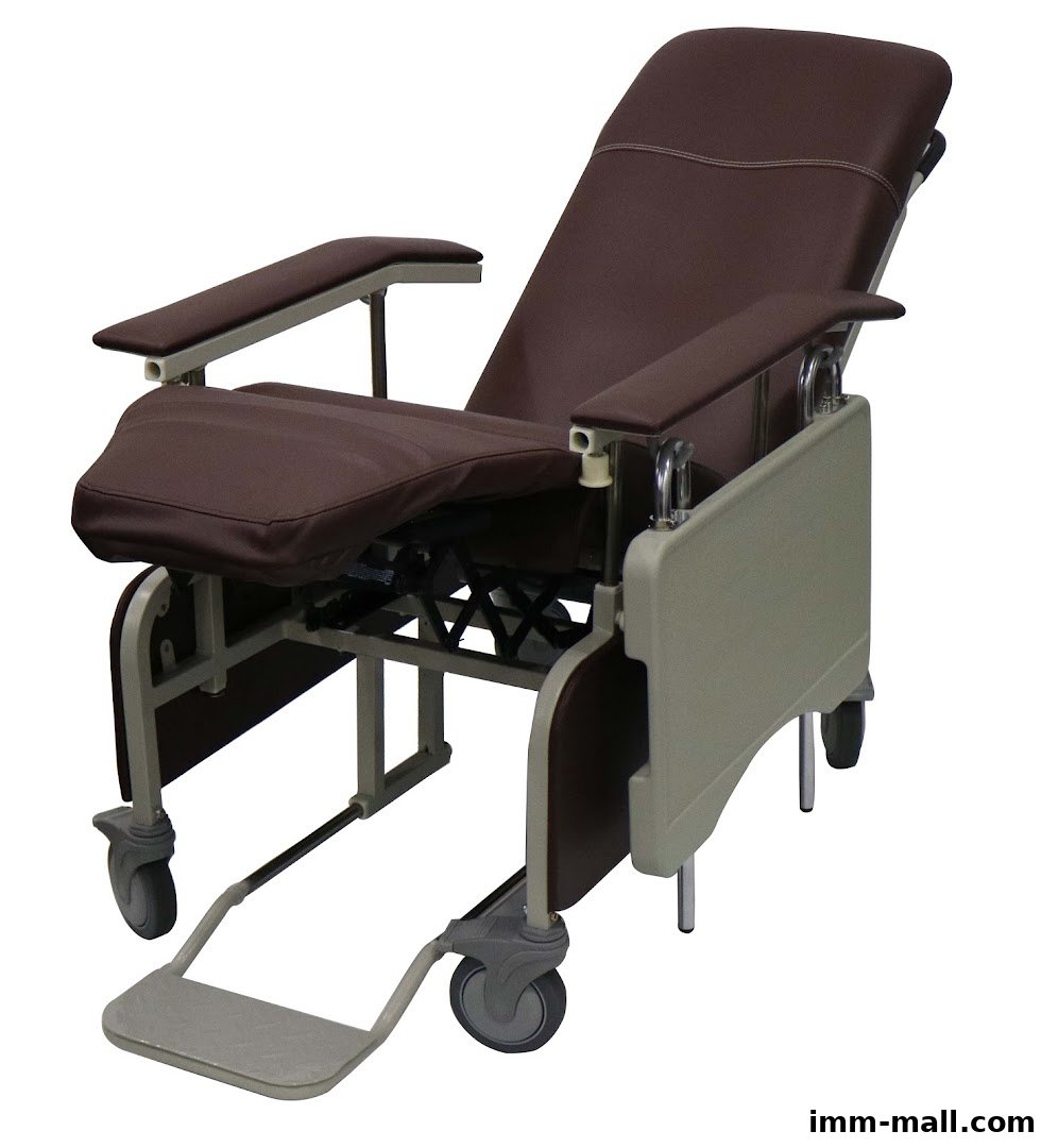 A brown recliner chair with armrests and a footrest, designed for homecare and rehabilitation.