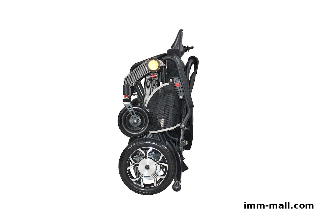 A folded electric wheelchair with large rear wheels and a smaller front wheel.