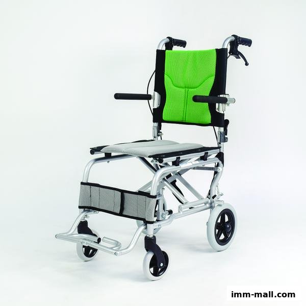 A lightweight, foldable wheelchair with a bright green backrest and grey seat.