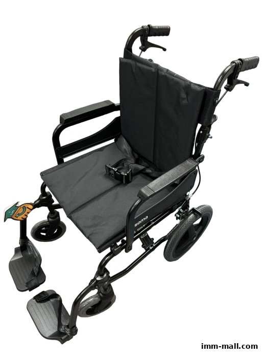 A black wheelchair with a seatbelt and adjustable footrests, designed for homecare and rehabilitation.