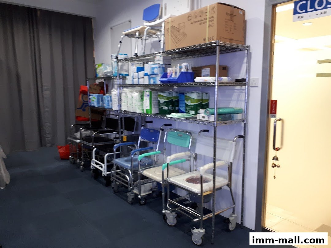 Shelves stocked with medical supplies and mobility aids like wheelchairs and commode chairs.
