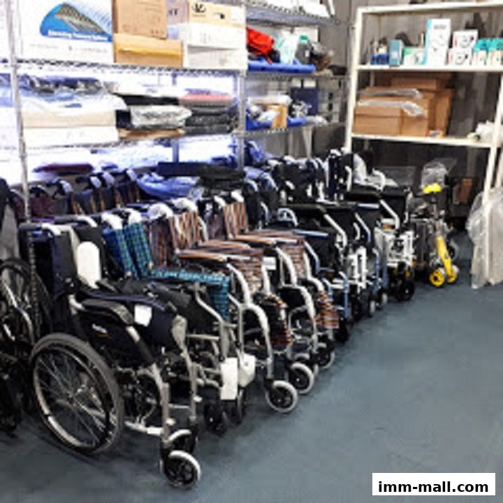 A wide selection of wheelchairs and homecare products are neatly arranged on shelves and the floor.