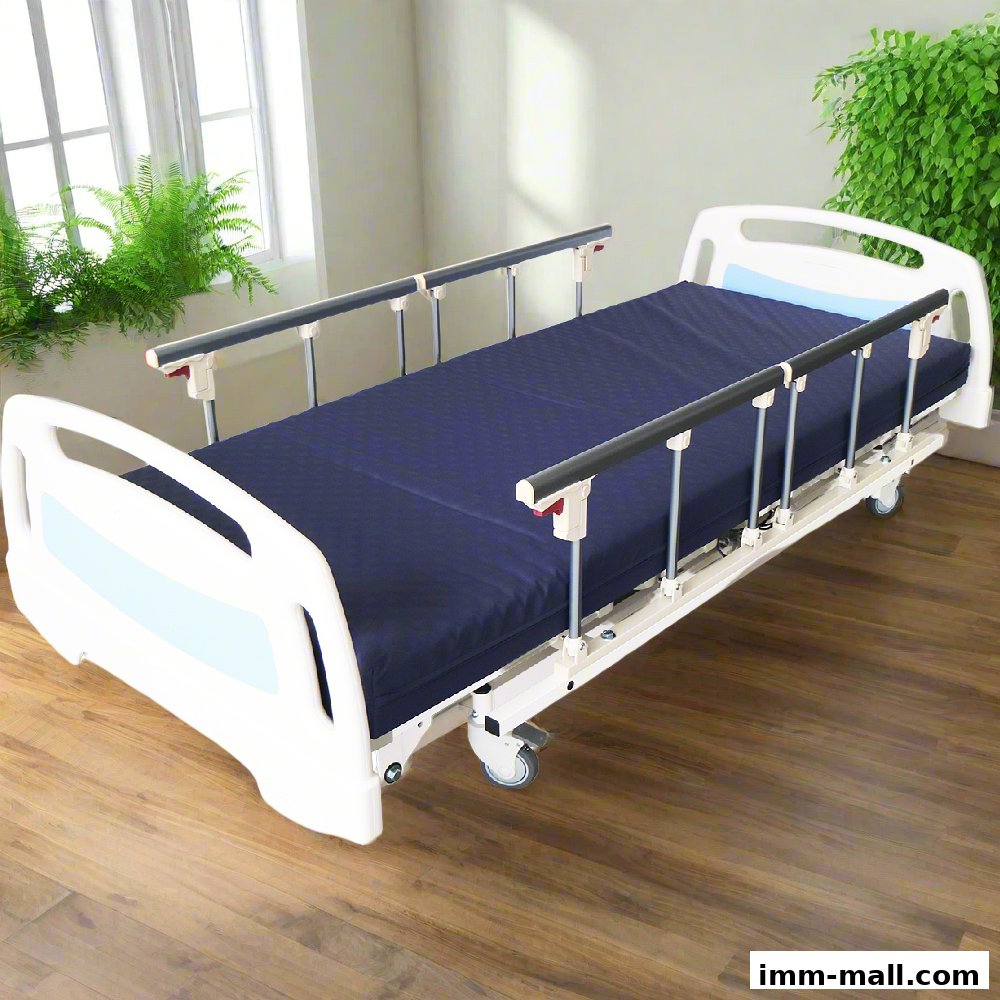 A hospital bed with a dark blue mattress and side rails, set against a window and plants.