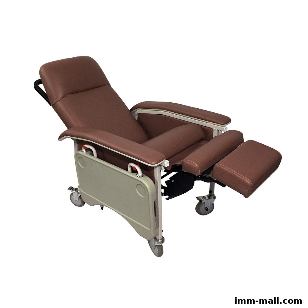 A brown recliner chair with a tray, designed for homecare and rehabilitation.