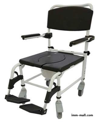 A white and black shower chair with a commode bucket and footrests.