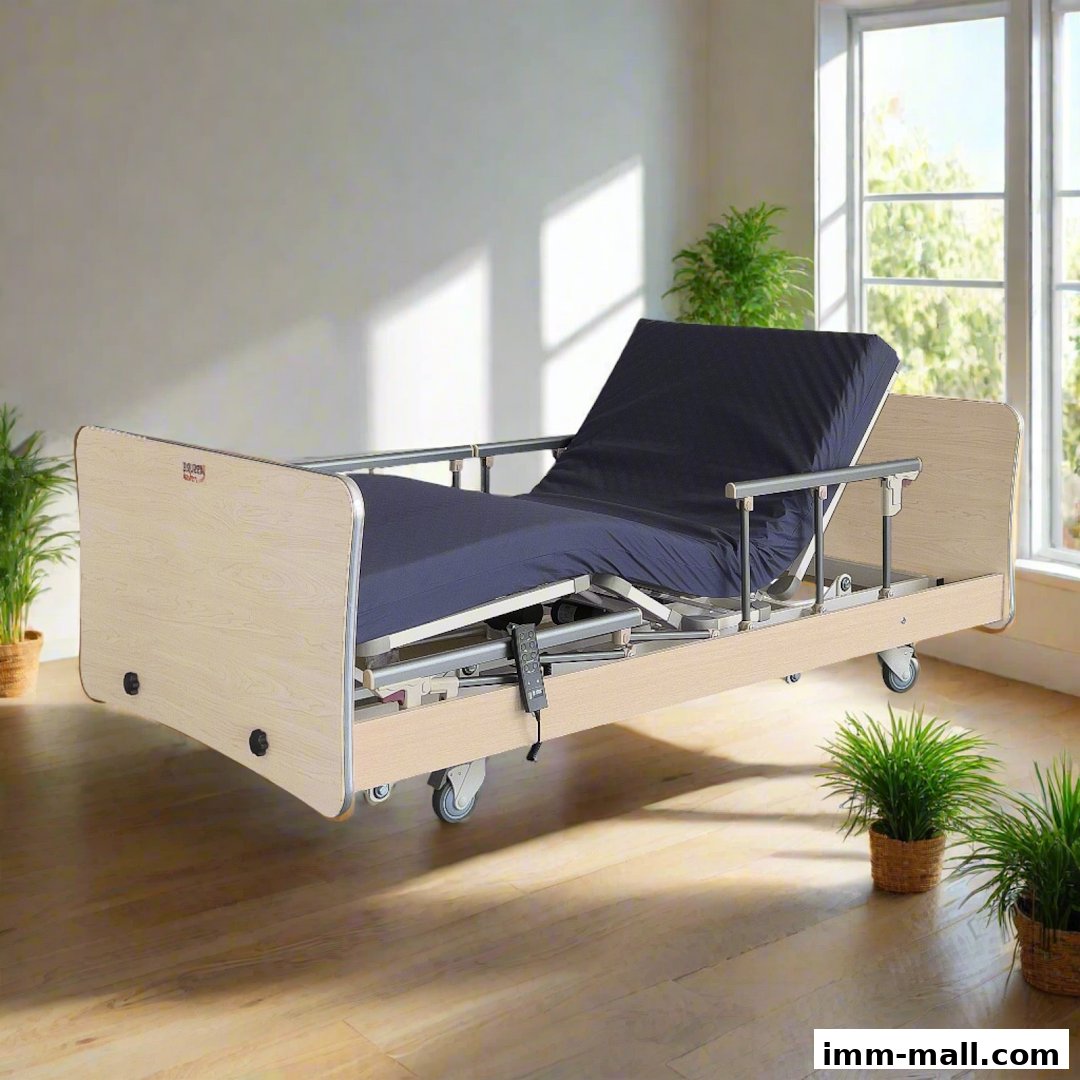 An adjustable electric hospital bed with a dark blue mattress and wooden headboard, set in a bright room.