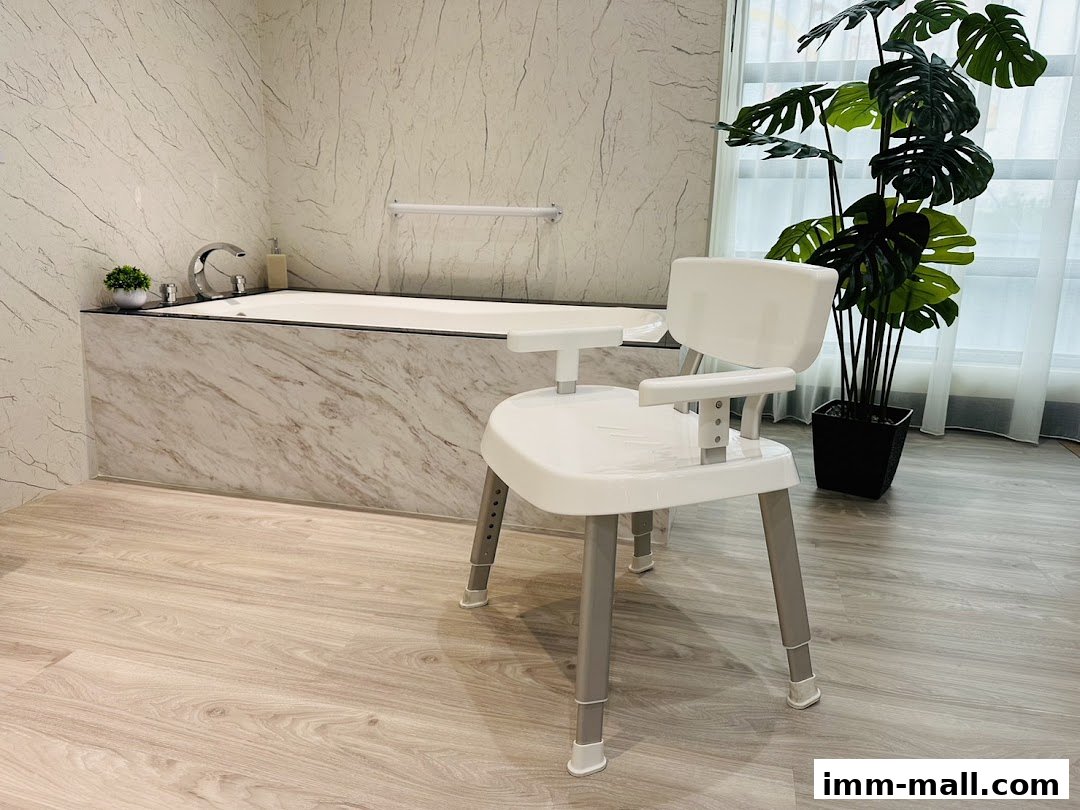 A white shower chair is placed in front of a bathtub in a modern bathroom.